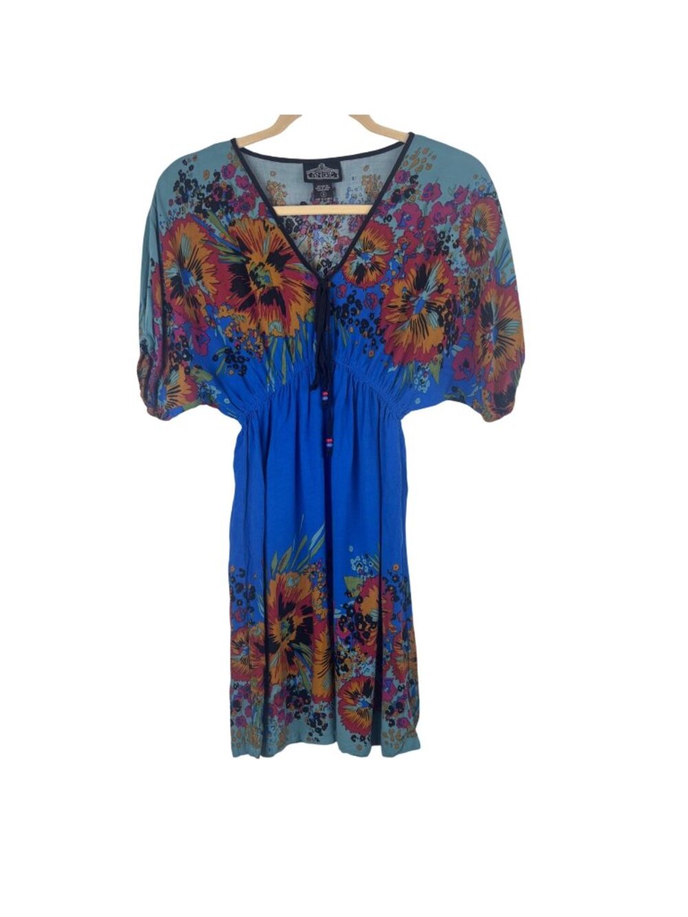 ✨3/$30 Angie S Boho Floral Print Womens Dress Blue Rayon Short Sleeves Beachy